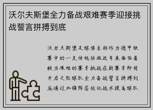 沃尔夫斯堡全力备战艰难赛季迎接挑战誓言拼搏到底