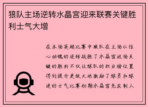 狼队主场逆转水晶宫迎来联赛关键胜利士气大增 狼队主场逆转水晶宫迎来联赛关键胜利士气大增
