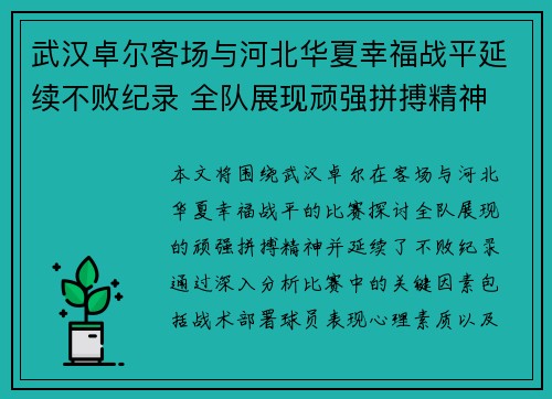 武汉卓尔客场与河北华夏幸福战平延续不败纪录 全队展现顽强拼搏精神
